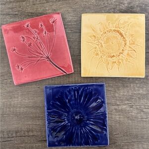 Handmade Ceramic Floral Coaster Trio - Pink, Yellow, Blue